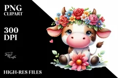 Watercolor Cow with Flower Crown PNG Product Image 1