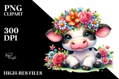 Watercolor Cow with Flower Crown PNG Product Image 3