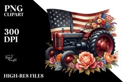 Vintage Tractor and USA Flag Floral Scene Clipart Product Image 1