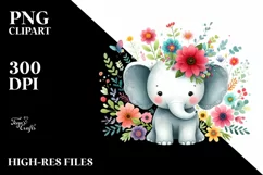 Colorful Cute Elephant Floral Watercolor | Clipart Product Image 3