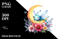 Watercolor Cute Dragonfly Sleeping on the Moon Clipart Product Image 2