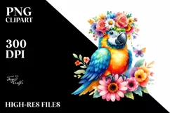 Watercolor Macaw with Flower Crown PNG Product Image 1