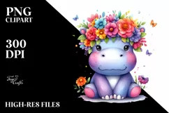 Cute Hippo with Flower Crown Clipart PNG Product Image 3