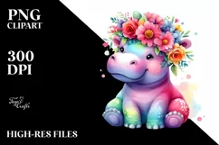 Cute Hippo with Flower Crown Clipart PNG Product Image 3