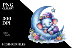 Whimsical Baby Elephant Sleeping on the Moon Clipart Product Image 2