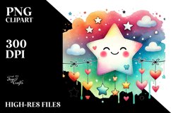 Smiling Star with Hearts, Watercolor PNG Product Image 2