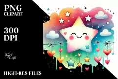 Smiling Star with Hearts, Watercolor PNG Product Image 2