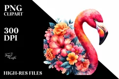 Retro Vibrant Flamingo with Flower Half | Clipart Product Image 3