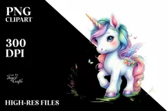 Colorful Baby Unicorn with Meadow, PNG Product Image 1