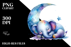 Whimsical Elephant Sleeping on the Moon Clipart Product Image 2