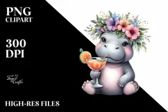 Young Hippo with Flowers Cocktail Clipart Product Image 1