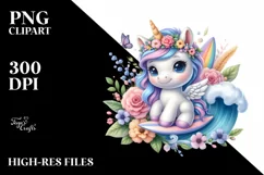 Cute Baby Unicorn Surfing | Clipart Product Image 1