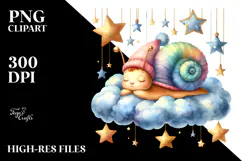 Cute Baby Snail Sleeping on the Cloud Clipart Product Image 2