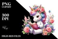 Pastel Unicorn, Reading with Flowers | Sublimation | Clipart Product Image 1