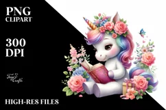 Pastel Unicorn, Reading with Flowers | Sublimation | Clipart Product Image 1