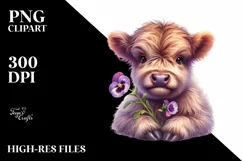 Cute Highland Cow Holding Pansy | Sublimation Clipart Product Image 3