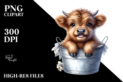 Watercolor Cute Baby Highland Cow Sitting in Bucket | Product Image 2