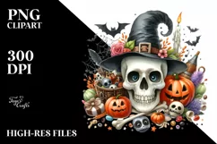 Funny Watercolor Halloween Skull | Clipart Product Image 1