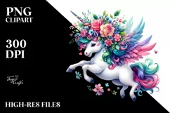 Cute Unicorn Jumping Floral Wreath PNG Product Image 1