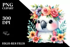 Cartoon-Style Parrot with Flower Crown, High-Res PNG Product Image 1