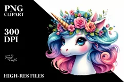 Cute Unicorn Playing with Floral Wreath PNG Product Image 1