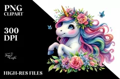 Cute Unicorn Playing with Floral Wreath PNG Product Image 1