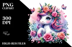Cute Unicorn Playing with Floral Wreath PNG Product Image 3