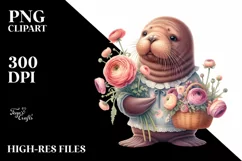 Cute Baby Walrus with Ranunculus Bouquet PNG Product Image 1