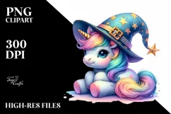 Colorful Baby Unicorn with Magic Wand and Wizard Hat PNG Product Image 3