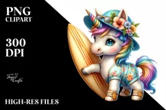 Colorful Baby Unicorn with Surfboard PNG Product Image 1
