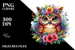 Watercolor Owl with Floral Wreath on Head | Clipart Product Image 3