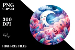 Vibrant Watercolor Whimsical Moon and Clouds | Clipart Product Image 2