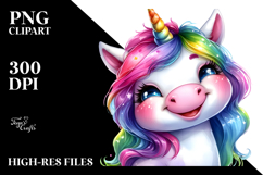 Adorable Unicorn with Big Eyes, Watercolor PNG Product Image 2