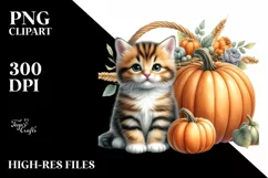 Funny Cute Baby Kitten Sitting in Front of Pumpkin | Clipart Product Image 3