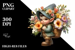 Detailed Gnome Carrying Freesia Bouquet | Clipart Product Image 1