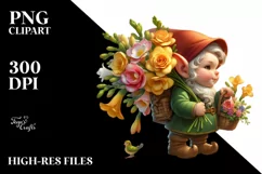 Detailed Gnome Carrying Freesia Bouquet | Clipart Product Image 3