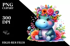 Cartoon Hippo with Flower Crown | Vibrant Colors Product Image 1