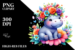 Cartoon Hippo with Flower Crown | Vibrant Colors Product Image 2