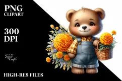 a Cute Baby Bear with Marigold Bouquet Clipart Product Image 1