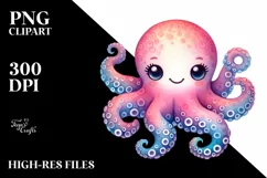 Vibrant Watercolor Cute Octopus | Sublimation Clipart Product Image 3
