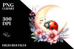 Vibrant Watercolor Ladybug Moon Flowers | Sublimation Product Image 2