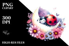 Ladybug Sleeping on the Moon with Flowers | Clipart Product Image 2