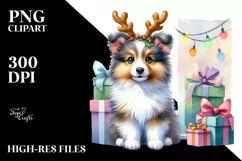 Energetic Shetland Sheepdog with Reindeer Horns PNG Product Image 3