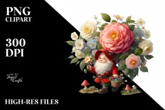 Detailed Gnome Carrying Camellia Bouquet | Clipart Product Image 1