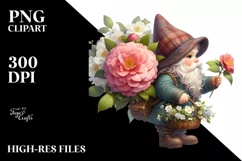 Detailed Gnome Carrying Camellia Bouquet | Clipart Product Image 3