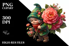 Detailed Gnome Carrying Camellia Bouquet | Clipart Product Image 1