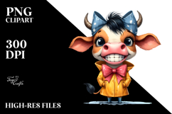 Watercolor Funny Cow with Bow and Raincoat | Clipart Product Image 2