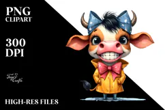 Watercolor Funny Cow with Bow and Raincoat | Clipart Product Image 2