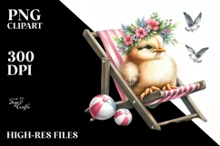 Young Chicken on Beach Chair | Watercolor Clipart Product Image 1