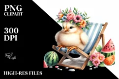 Young Chicken on Beach Chair | Watercolor Clipart Product Image 1